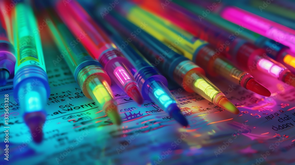 Canvas Prints fluorescent highlighters on a white surface with handwritten notes.