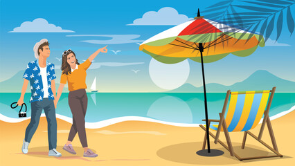 Young couple tourist walking on a sandy beach. destination for summer travel holidays concept. vector.