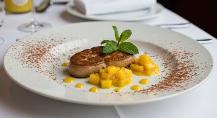 Tender foie gras paired with exotic mango chutney and fresh mint leaves.