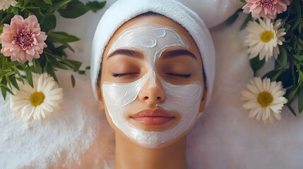 Young woman enjoying a facial mask treatment at a spa with fresh flowers and towels around her : Generative AI