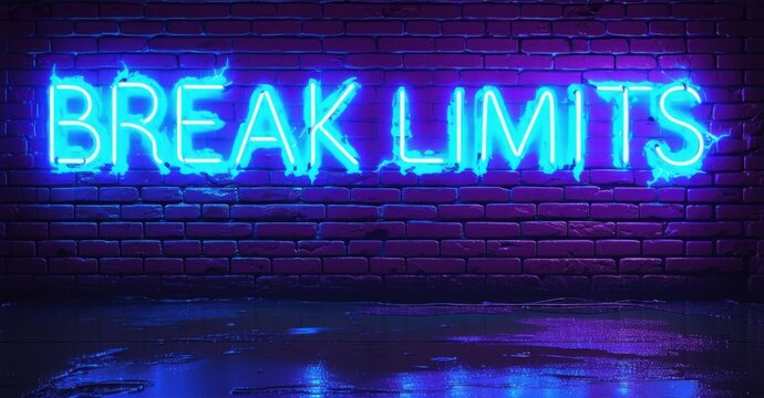Naklejki Thick glowing break limits neon sign in icy blue and purple hues on dark bricks with energy lines and reflections on wet floor