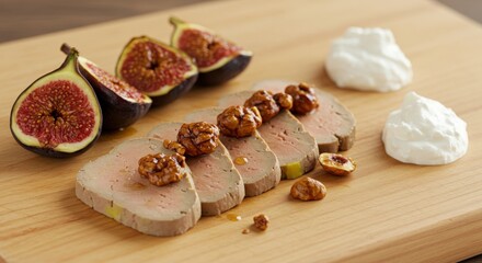 Thinly sliced foie gras served with roasted fig halves, caramelized nuts