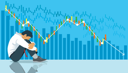 Depressed business man looking down at falling red arrow. Stressed business man crypto trader broker investor analyzing stock exchange market crypto trading decreasing chart data fall down loss. 