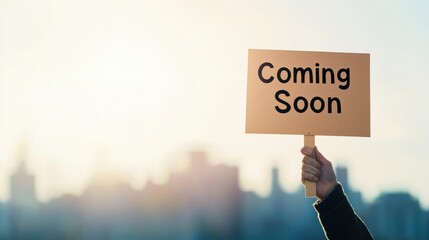 Hand holding a sign that says "Coming Soon