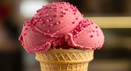 Strawberry Ice Cream Cone Closeup.