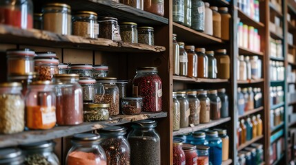 Rustic wooden shelves stocked with a variety of spices, herbs, and other dry goods in glass jars.