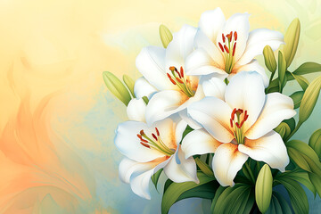 Fototapeta premium Painting of three white lilies with green leaves. The painting has a bright and cheerful mood, with the white flowers and green leaves creating a sense of freshness and vitality