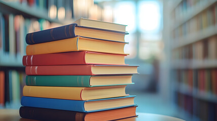 Fototapeta premium Stack of various colorful books arranged neatly in a library setting with a soft focus background : Generative AI