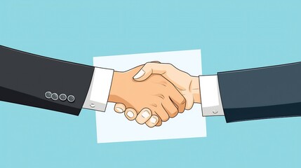 Illustration of successful business negotiation two executives shaking hands over a contract agreement
