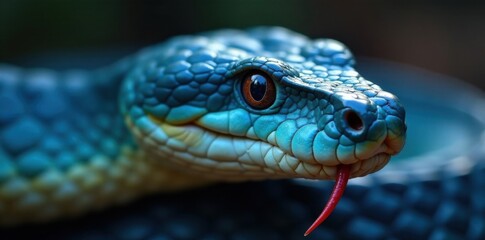 Obraz premium Closeup of blue colored snake head with forked tongue and sharp teeth, venom, scale