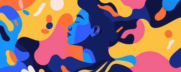 Colorful abstract portrait of a peaceful woman in profile, featuring bold geometric patterns - vector.