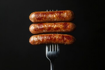Grilled Sausages on Fork Presented Against a Simple Black Background