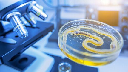 Microscopic view of parasitic worms in petri dish, magnified helminth organisms under scientific observation for disease research and public health safety. Focus on infectious pathogens analysis