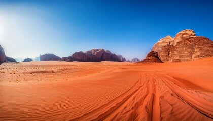 Fototapeta premium wadi rum s vibrant red sands with clear blue sky a captivating landscape showcasing the unique desert terrain and striking color contrast