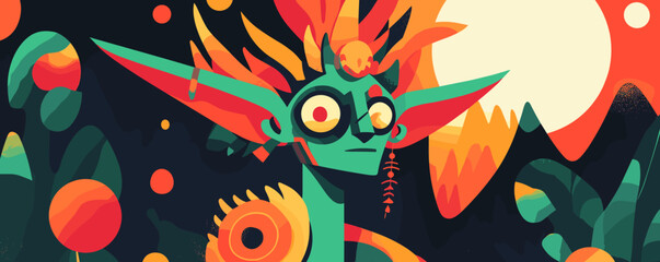 Obraz premium Colorful fantasy character in jungle with large ears and bright patterns vector.