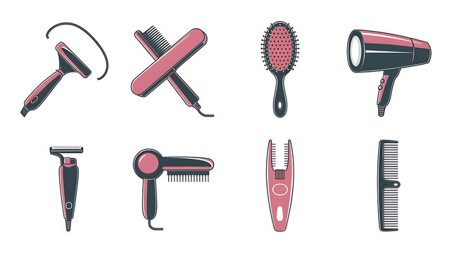 Hair styling tools flat design icons various beauty supplies