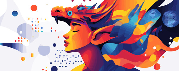 Fototapeta premium Colorful dragon-headed woman with vibrant abstract patterns - vector.