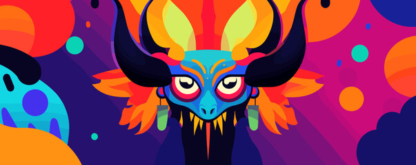 Obraz premium Colorful abstract fantasy creature with horns and vibrant background - vector.