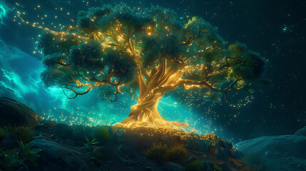 Fototapeta premium Enchanting mystical tree bathed in golden light and sparkling fairy lights, creating a magical, serene atmosphere for fantasy themes
