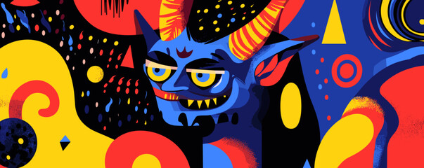 Obraz premium Colorful abstract demon with horns in psychedelic blue and red art style - vector.
