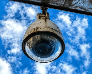A weathered security camera hangs against a backdrop of bright blue sky dotted with fluffy white clouds.