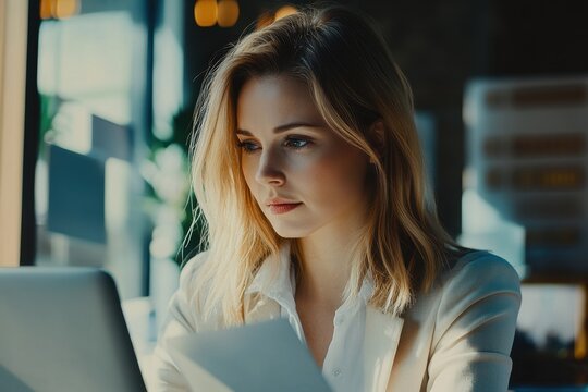Businesswoman processes financial data in modern office during daytime, financial data processing over caucasian businesswoman in office