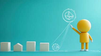Professional Change promotion concept. 3D character pointing at a blockchain symbol on a teal background.