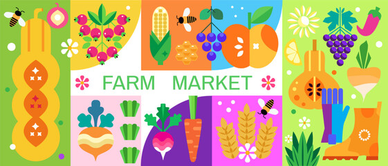 Farmer,s market template banner Vegetables are grown on a private farm Agriculture Vector icon set geometrical illustration