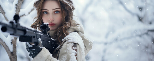 Obraz premium A young woman observing through binoculars in a snowy forest...