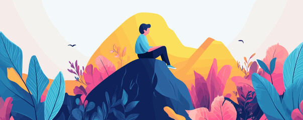 Fototapeta premium Person sitting on rock surrounded by colorful nature with mountains and birds - vector.