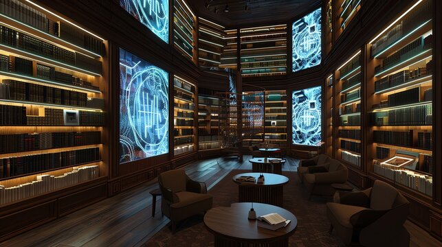 A large library with wooden shelves and books. There is a spiral staircase in the center of the room and a large window at the top.