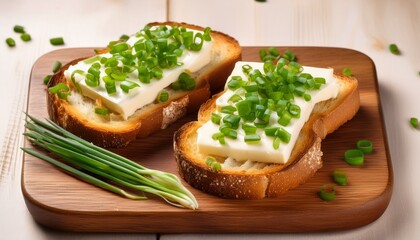 delicious toasts with cheese and chives toppings