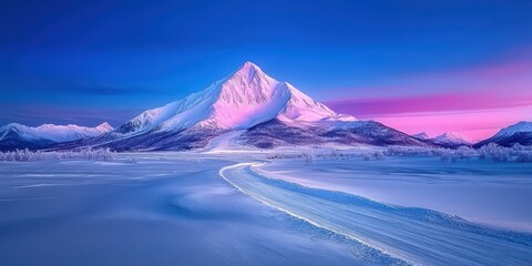 Majestic Snow-Capped Mountain Under Vibrant Sunset Sky with Pink and Blue Hues Reflecting on Frozen Landscape