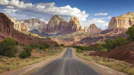 Scenic highway through a desert canyon with majestic mountains under a partly cloudy sky.