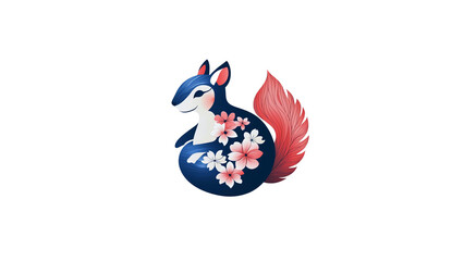 Adorable Blue Squirrel with Cherry Blossoms and Red Feather Tail - Cute Animal Illustration