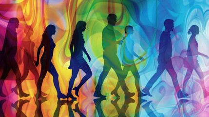 A silhouette of abstract people in a dynamic, colorful setting.