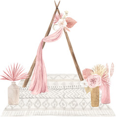 Watercolor boho frame composition with dried exotic flowers and tropical leaves. Pastel watercolor floral clipart for wedding wreath and bouquet, design decoration