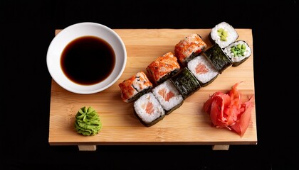top view of traditional japanese sushi rolls on a wooden board beautifully arranged with soy sauce ginger and wasabi
