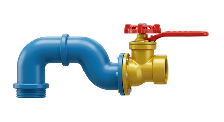 Isolated Blue Pipe with Gold Valve and Red Handle