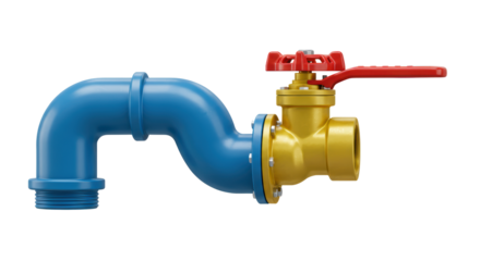 Isolated Blue Pipe with Gold Valve and Red Handle