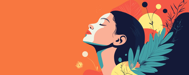 Colorful profile of a woman with botanical elements in abstract style - vector.