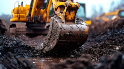 Excavator bucket digging wet soil at construction site