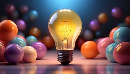 innovation highlight a vibrant lightbulb stands out amongst muted spheres symbolizing uniqueness and the spark of new ideas