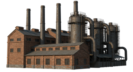 Isolated Exterior of Brick Factory Building with Smokestacks