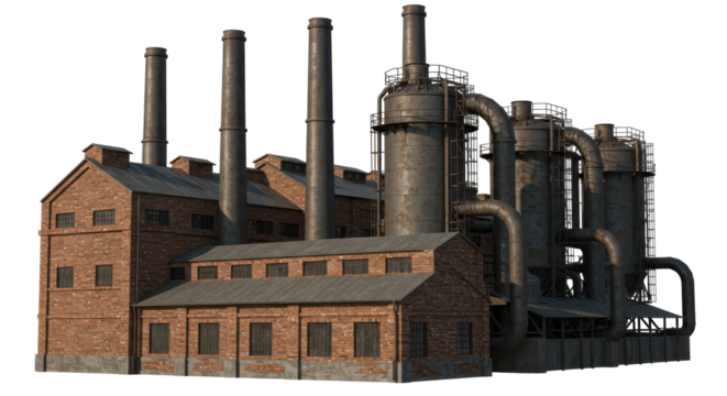 Isolated Exterior of Brick Factory Building with Smokestacks