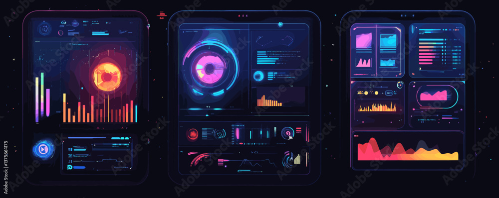 Poster futuristic data dashboard with graphs and charts in neon colors – vector.