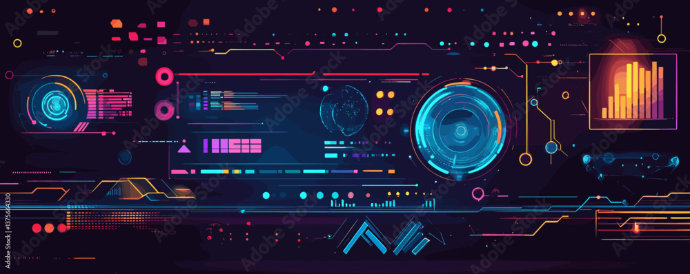 Poster futuristic virtual interface with neon graphics and data elements on dark background, vector.