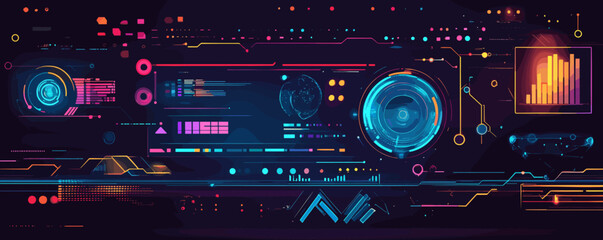 Obraz premium Futuristic virtual interface with neon graphics and data elements on dark background, vector.