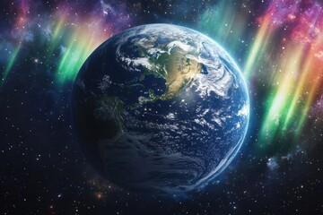 Fototapeta premium Stunning view of Earth surrounded by colorful auroras in the vastness of space