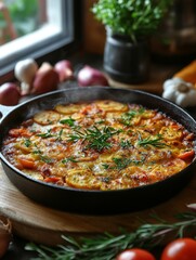 Fototapeta premium Golden Baked Vegetable Gratin in Skillet 